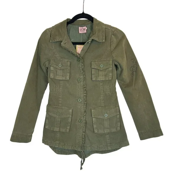 NWT Juicy Couture Y2K Youth Olive Army Green Utility Jacket Coat w Pockets Sz 14